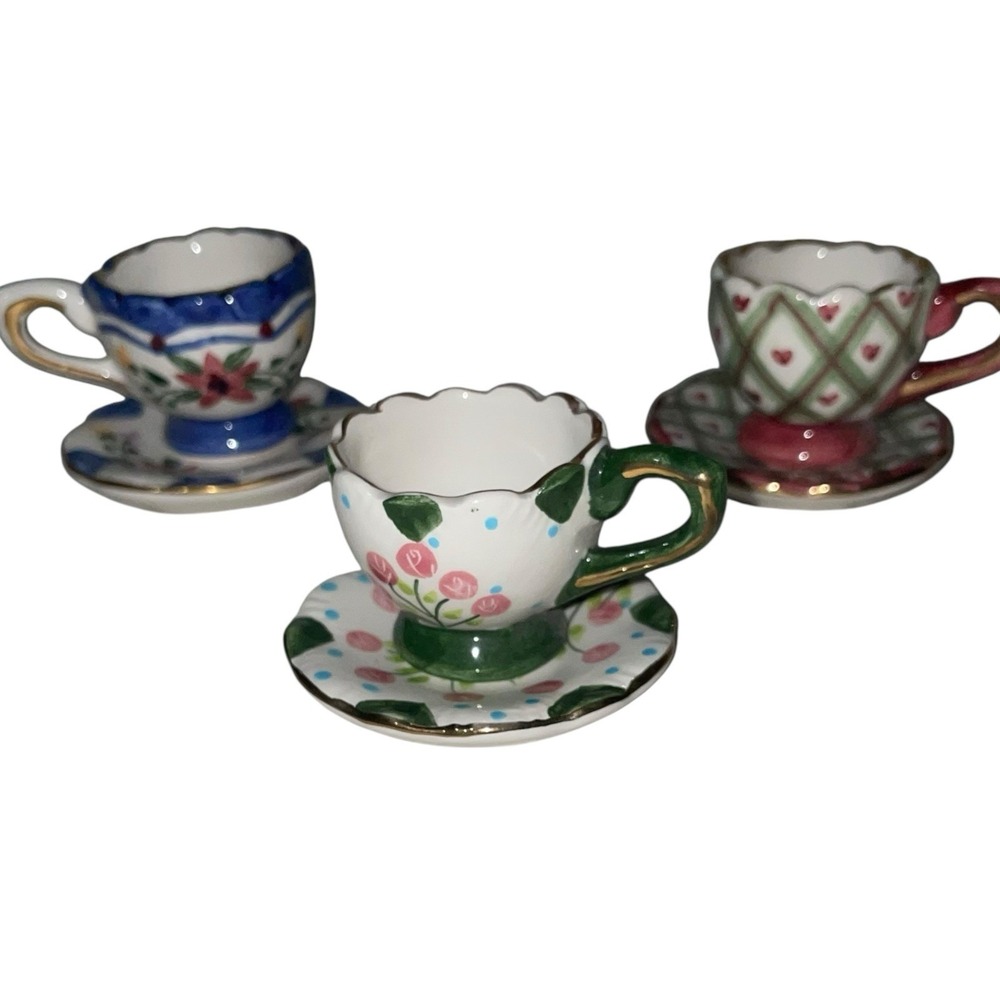 Vintage Miniature Hand Painted Tea Cup & Saucer Set 3 Porcelain Gold Trim